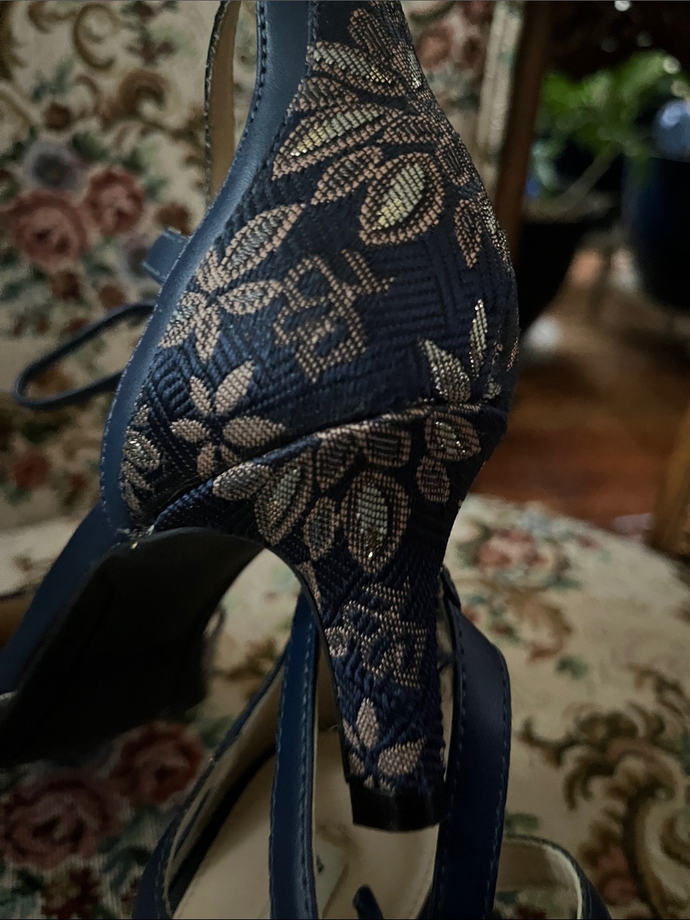 Alex Marie Navy Floral Lace Tie-Ankle Pointed Heels - Picture 5 of 6
